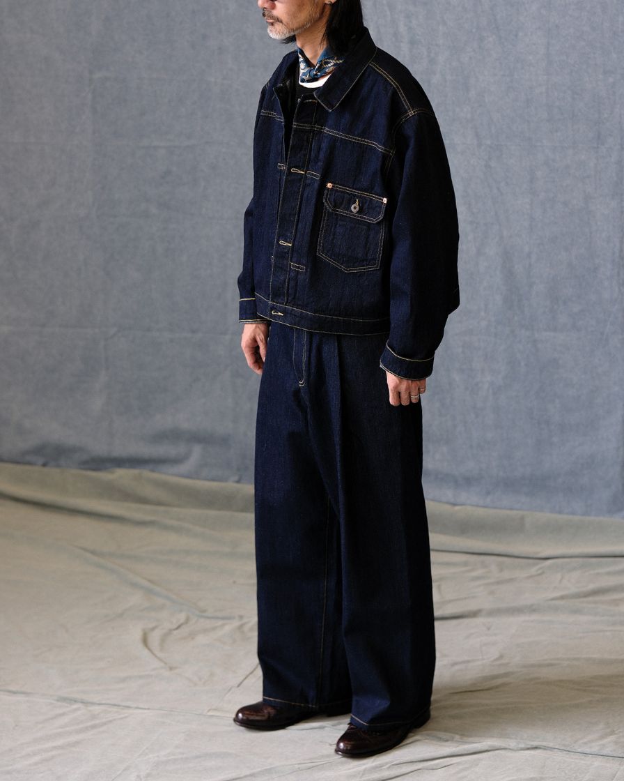 Pre-washed wide leg selvedge denim trousers. - LabourUnionClothing