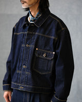 denim trucker jacket slanted shoulder