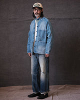 Distressed Denim Knot Button Collarless Jacket