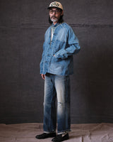 Distressed Denim Knot Button Collarless Jacket