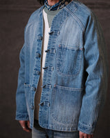 Distressed Denim Knot Button Collarless Jacket