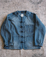 Distressed Denim Knot Button Collarless Jacket