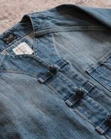 Distressed Denim Knot Button Collarless Jacket