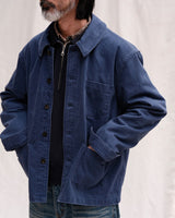French Work Jacket in work blue – worn open on model