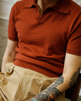 Labourunion-clothing-handemade-american-retro-vintage-style-menswear-tops-LU140_Orange_Fly_Coallr_Buttonless_polo_Shirt