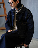 denim trucker jacket slanted shoulder