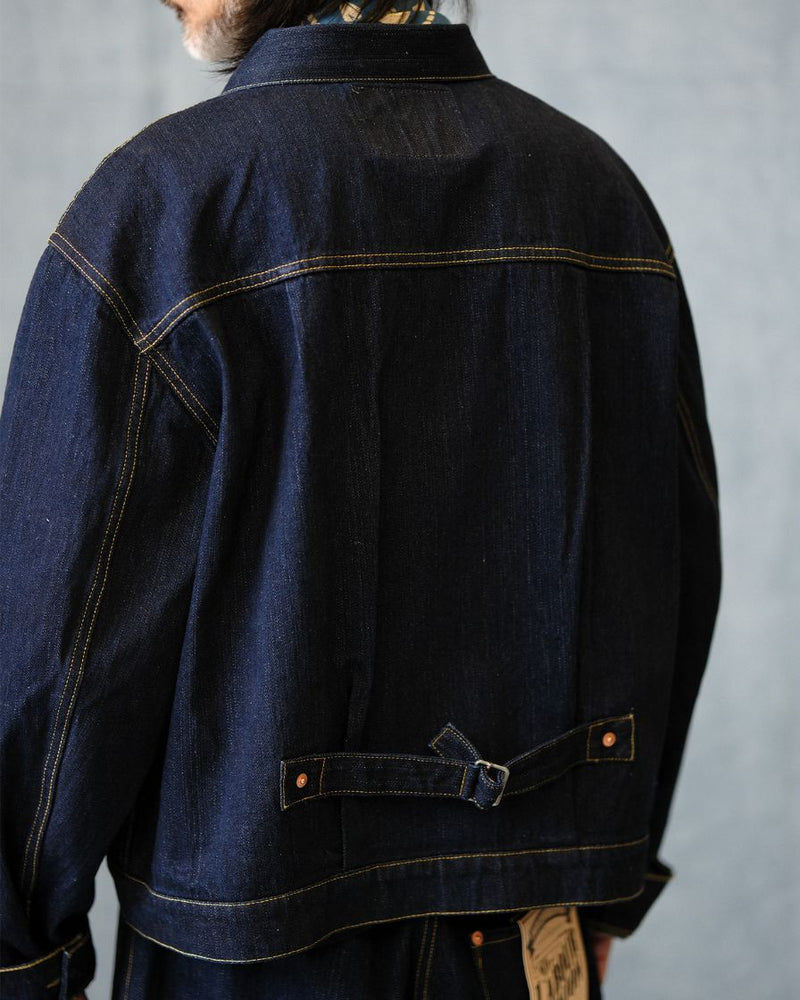denim trucker jacket slanted shoulder