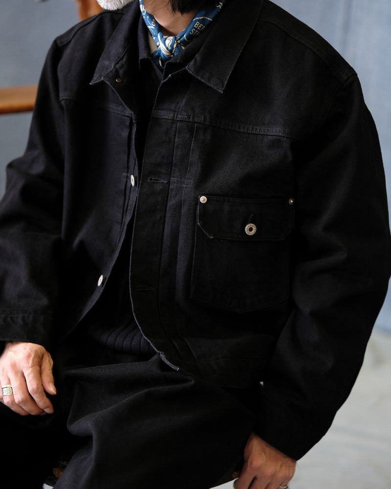 denim trucker jacket slanted shoulder