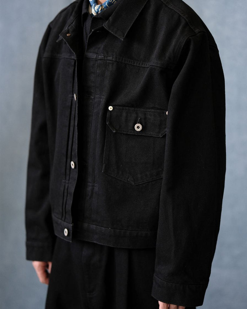 denim trucker jacket slanted shoulder