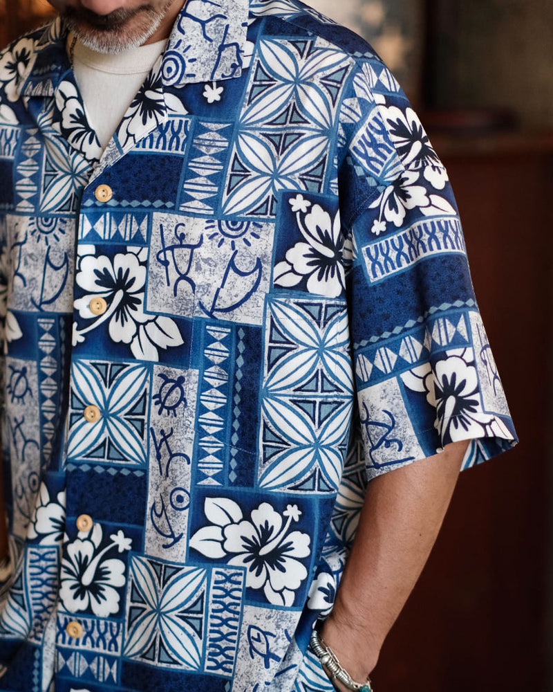 Spliced Indigo Pattern Hawaiin Shirt