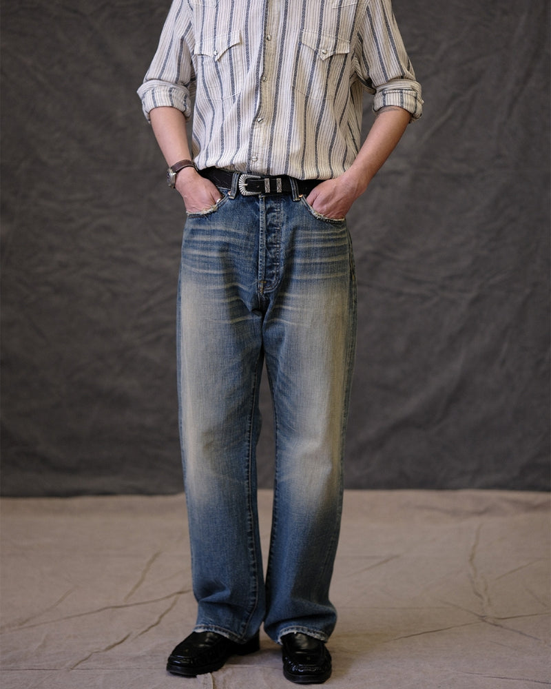 Jean droit à lisière rouge délavé à la pierre, 15,5 oz