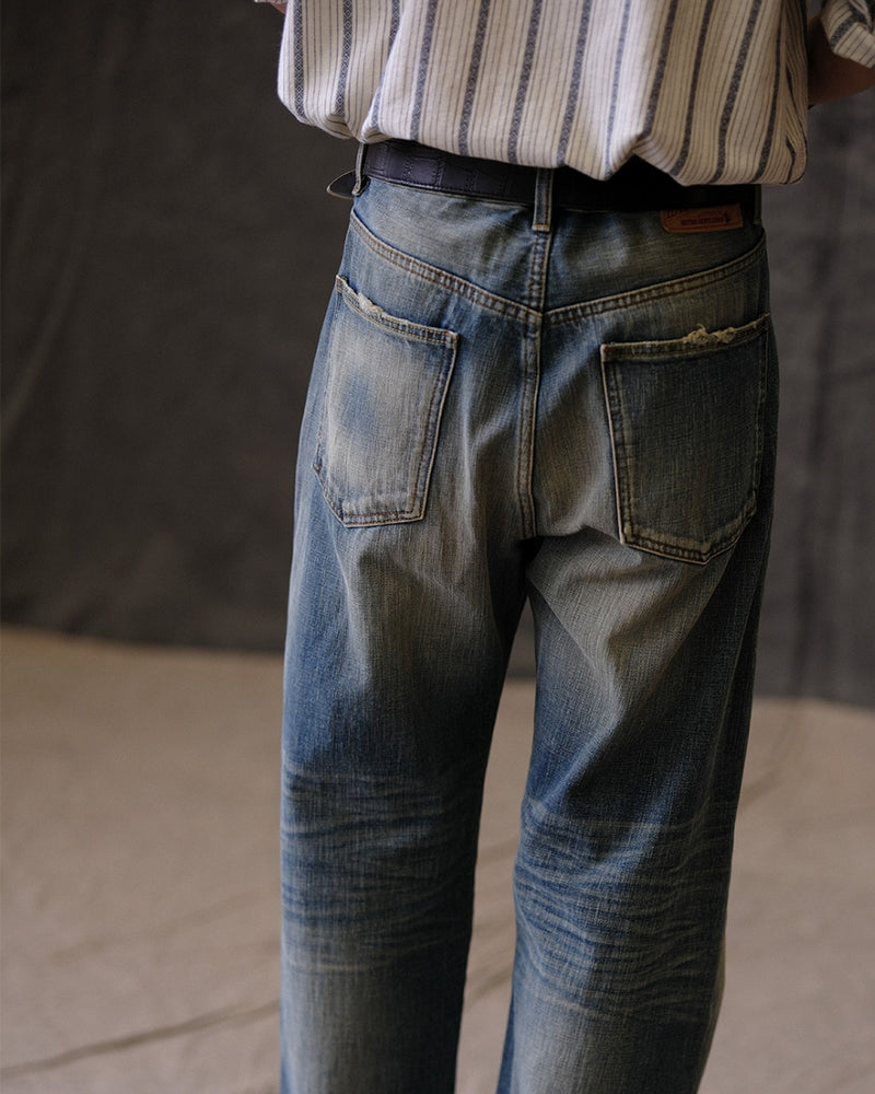 Jean droit à lisière rouge délavé à la pierre, 15,5 oz