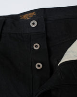 Black Slub Selvedge Straight Jeans in black – close-up of button fly