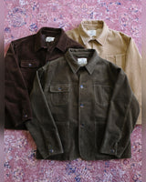Corduroy Chore Jacket in tan, dark brown and olive – flat lay