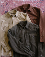 Corduroy Western Shirt in sand, rust and olive – flat lay