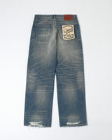 Distressed Redline Selvedge Jeans in vintage wash – back view, flat lay