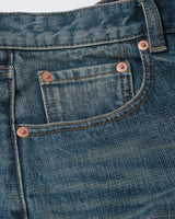 Distressed Redline Selvedge Jeans in vintage wash – close-up of coin pocket and rivets