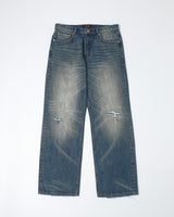 Distressed Redline Selvedge Jeans in vintage wash – front view, flat lay