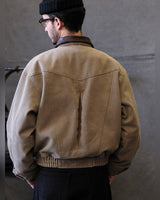 Leather-collar Canvas Work Jacket – back view, worn by model