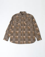 Patchwork Plaid Western Shirt in brown patchwork – front view, flat lay