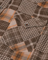 Patchwork Plaid Western Shirt in brown patchwork – close-up of patchwork plaid