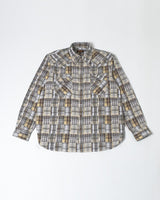 Patchwork Plaid Western Shirt in grey patchwork – front view, flat lay