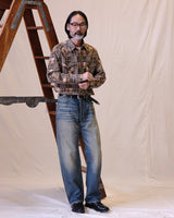 Patchwork Plaid Western Shirt in grey patchwork – full outfit on model
