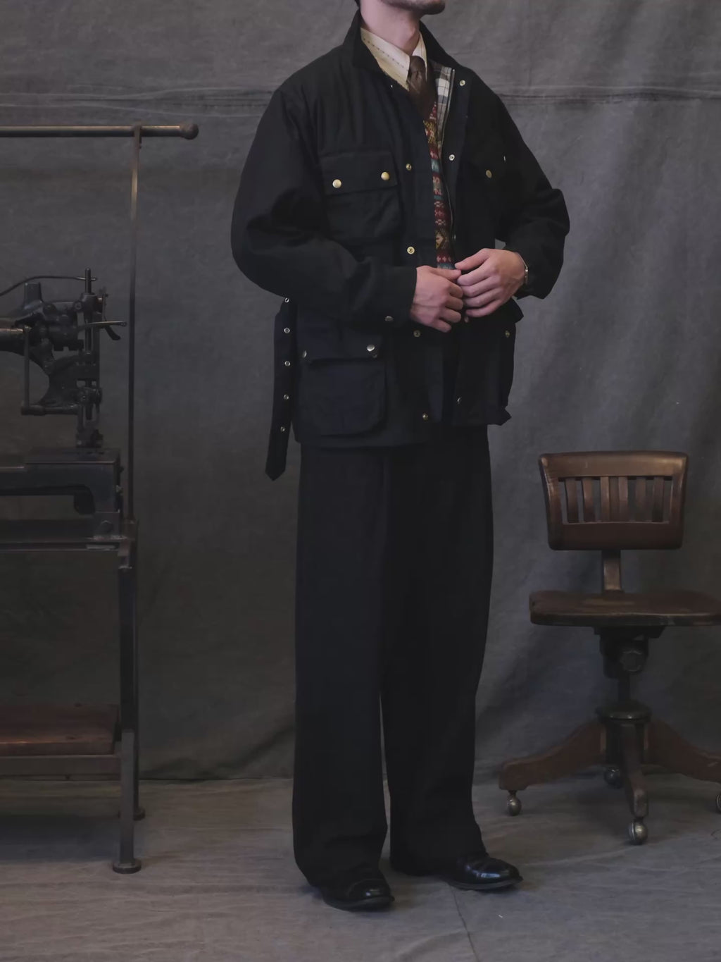 Belted Waxed Cotton Motorcycle Jacket in black – video