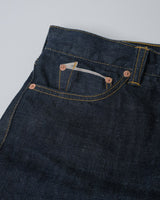 Red-line Selvedge 1950s High-waist Straight Jeans in raw indigo – close-up of coin pocket