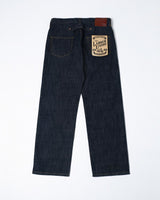 Blue-line Selvedge Straight Jeans in raw indigo – back view, flat lay
