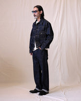 Blue-line Selvedge Straight Jeans in raw indigo – full outfit on model