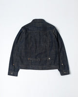 Blue-line Selvedge Type II Denim Jacket in raw indigo – back view, flat lay