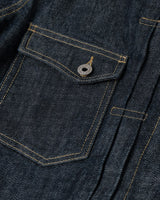 Blue-line Selvedge Type II Denim Jacket in raw indigo – close-up of flap pocket