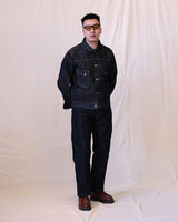Blue-line Selvedge Type II Denim Jacket in raw indigo – full outfit on model