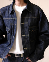 Blue-line Selvedge Type II Denim Jacket in raw indigo – worn on model