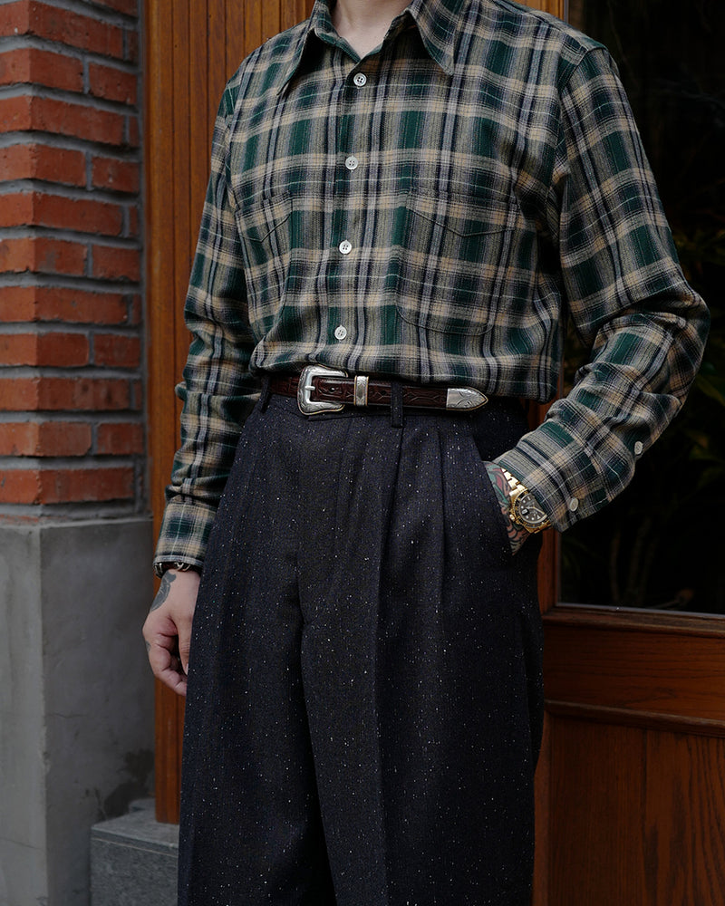LabourUnion-handmade-clothing-american-retro-vintage-style-menswear-shirt-green-flannel-plaid-shirt-bottoms-1930s-Granite-Tweed-Suits-Trousers