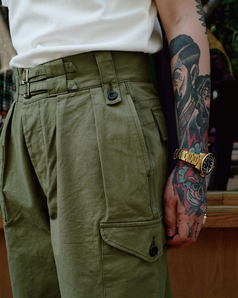 LabourUnion-clothing-american-retro-vintage-handmade-1940s-1960s-British-Army-Double-Buckle-Gurkha-Trousers-green-solid-colour-tee
