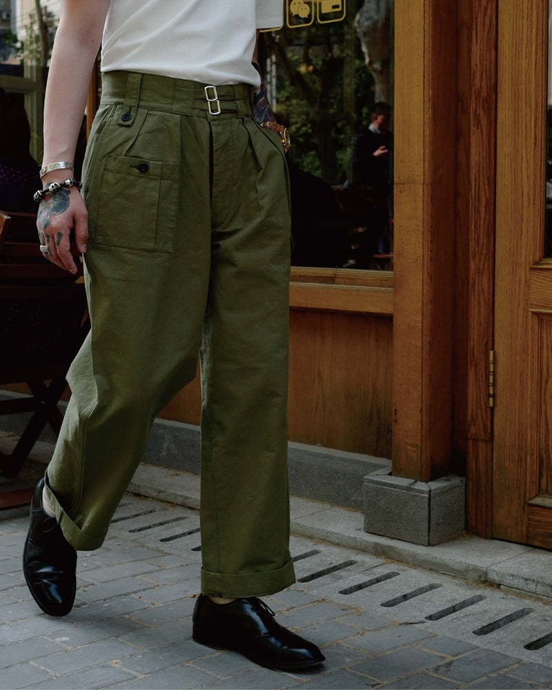 LabourUnion-clothing-american-retro-vintage-handmade-1940s-1960s-British-Army-Double-Buckle-Gurkha-Trousers-green-solid-colour-tee