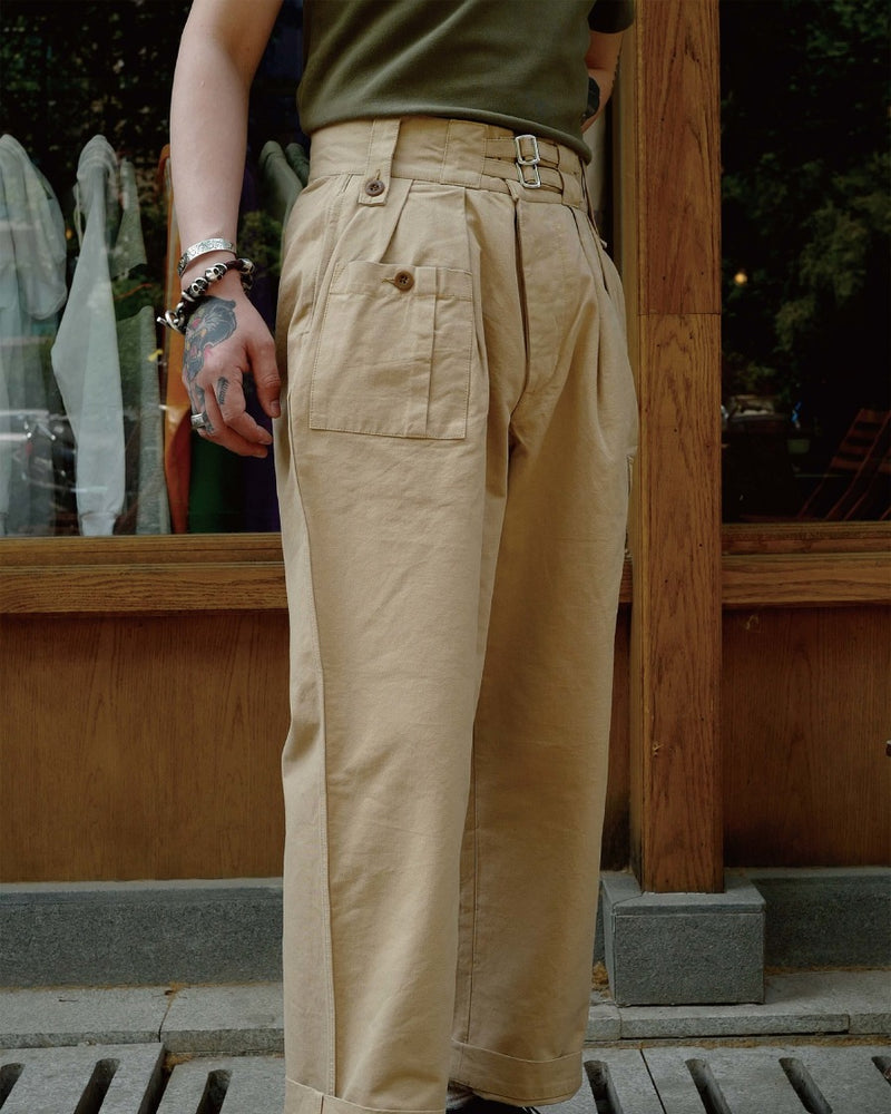 LabourUnion-clothing-american-retro-vintage-handmade-1940s-1960s-British-Army-Double-Buckle-Gurkha-Trousers-khaki-solid-colour-tee