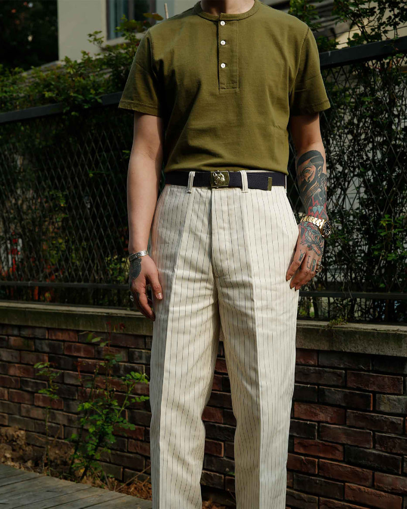 LabourUnion-clothing-american-retro-vintage-handmade-henley-tee-olive-pinstripe-wideleg-jeans