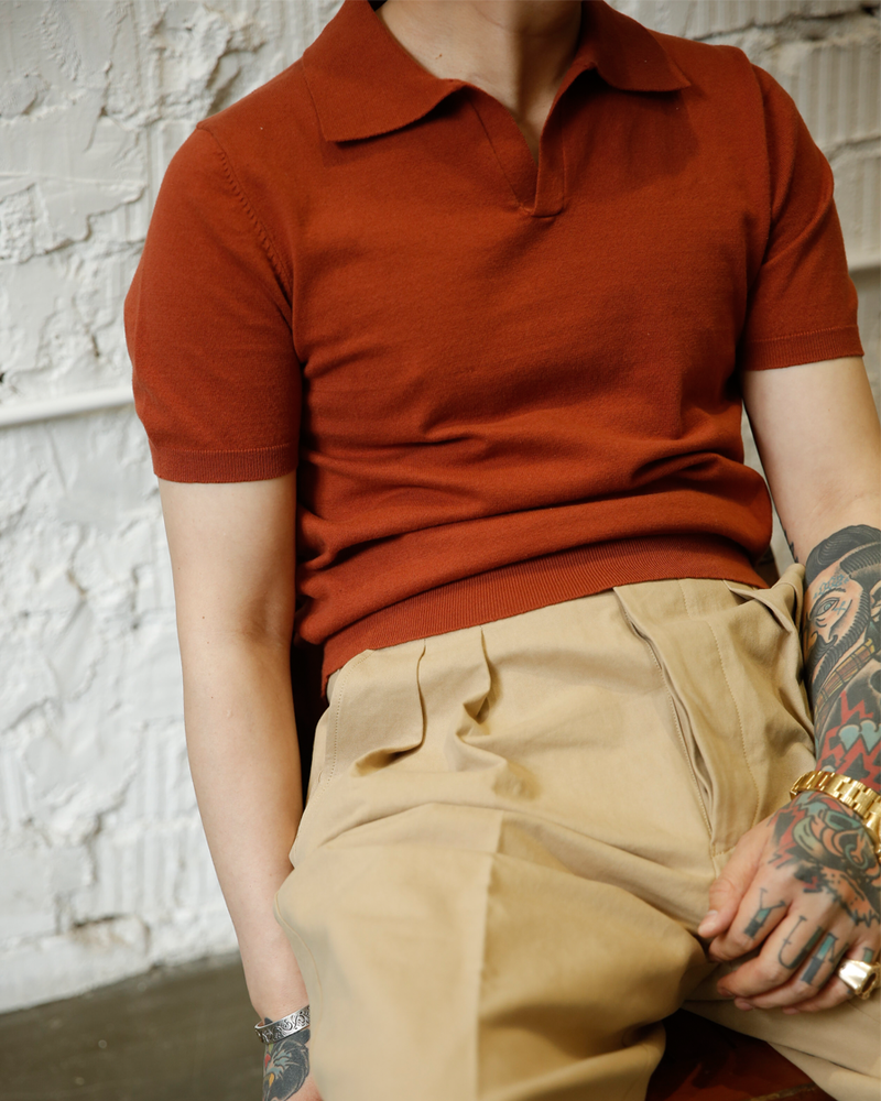 Labourunion-clothing-handemade-american-retro-vintage-style-menswear-tops-LU140_Orange_Fly_Coallr_Buttonless_polo_Shirt