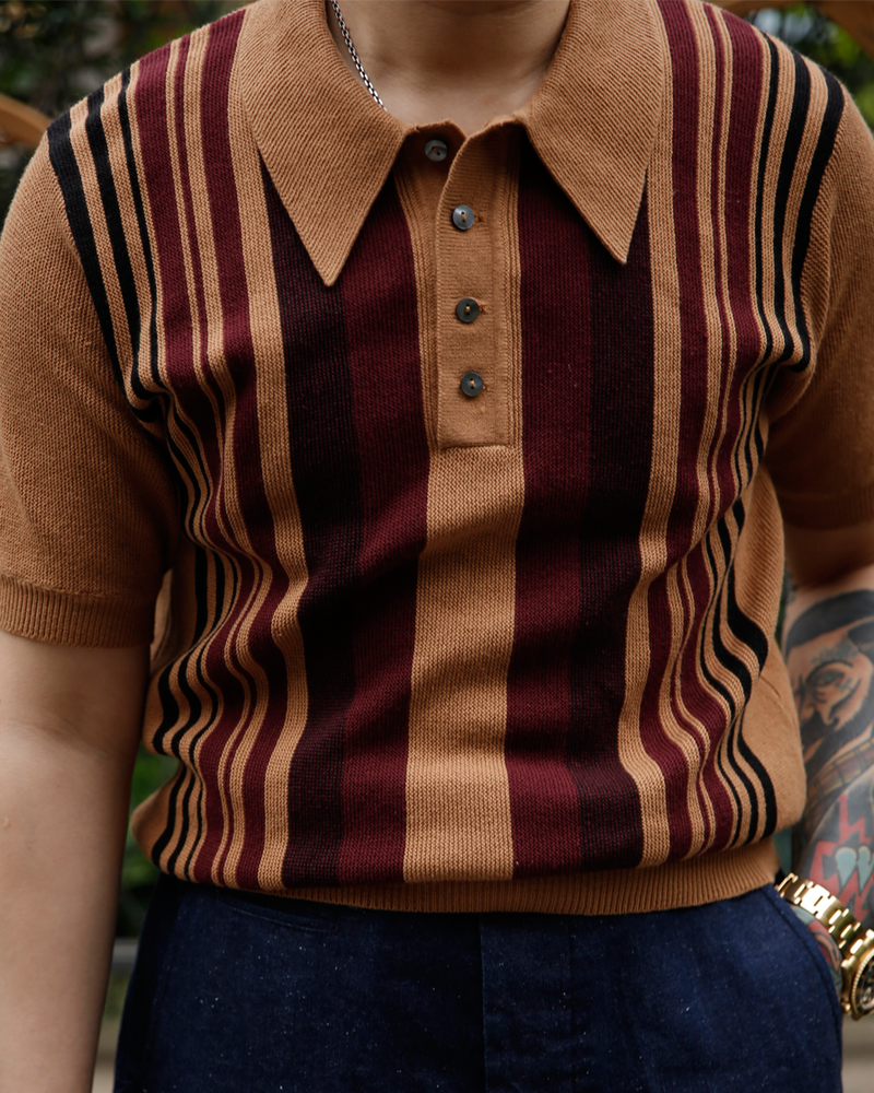 Camel Striped Knit Polo Shirt – Labour Union Clothing-Since 1986