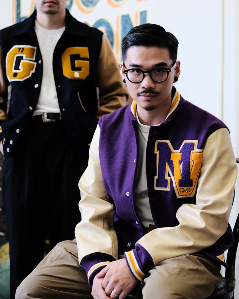Purple Letterman Jacket with Gold Leather Sleeves