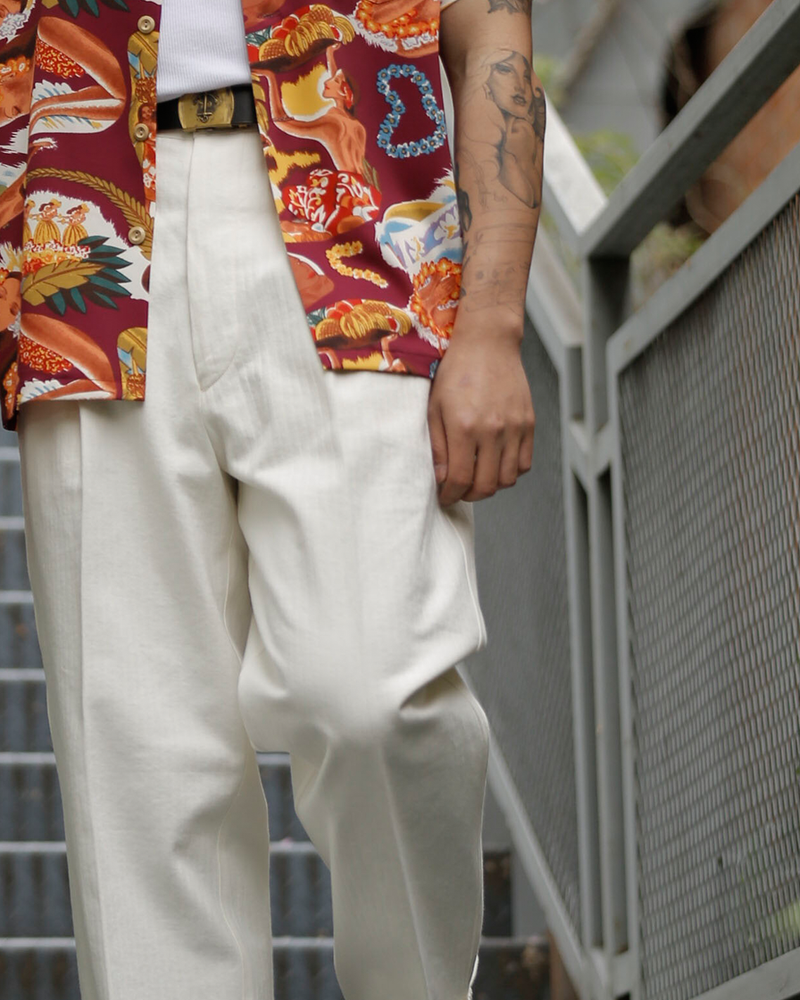 Labourunion_clothing_handemade_american_retro_vintage_style_menswear_Hongkong_Commander_Chevron_Pattern_Pleated_White_Trouser