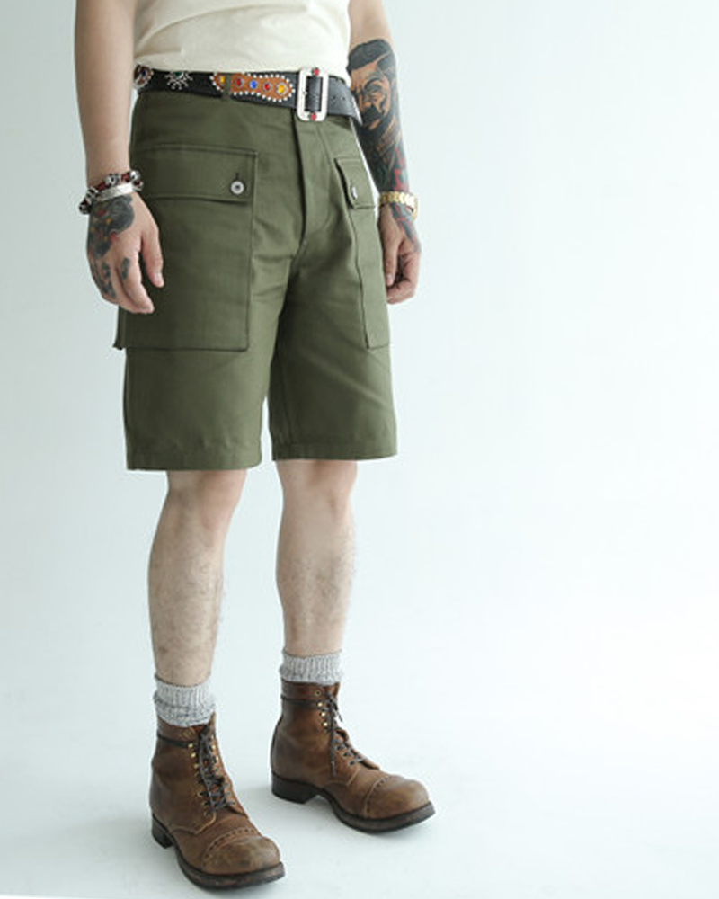 Labourunion-clothing-handemade-american-retro-vintage-style-menswear-bottoms-P44S_Army_Back_Pockets_Olive_Shorts